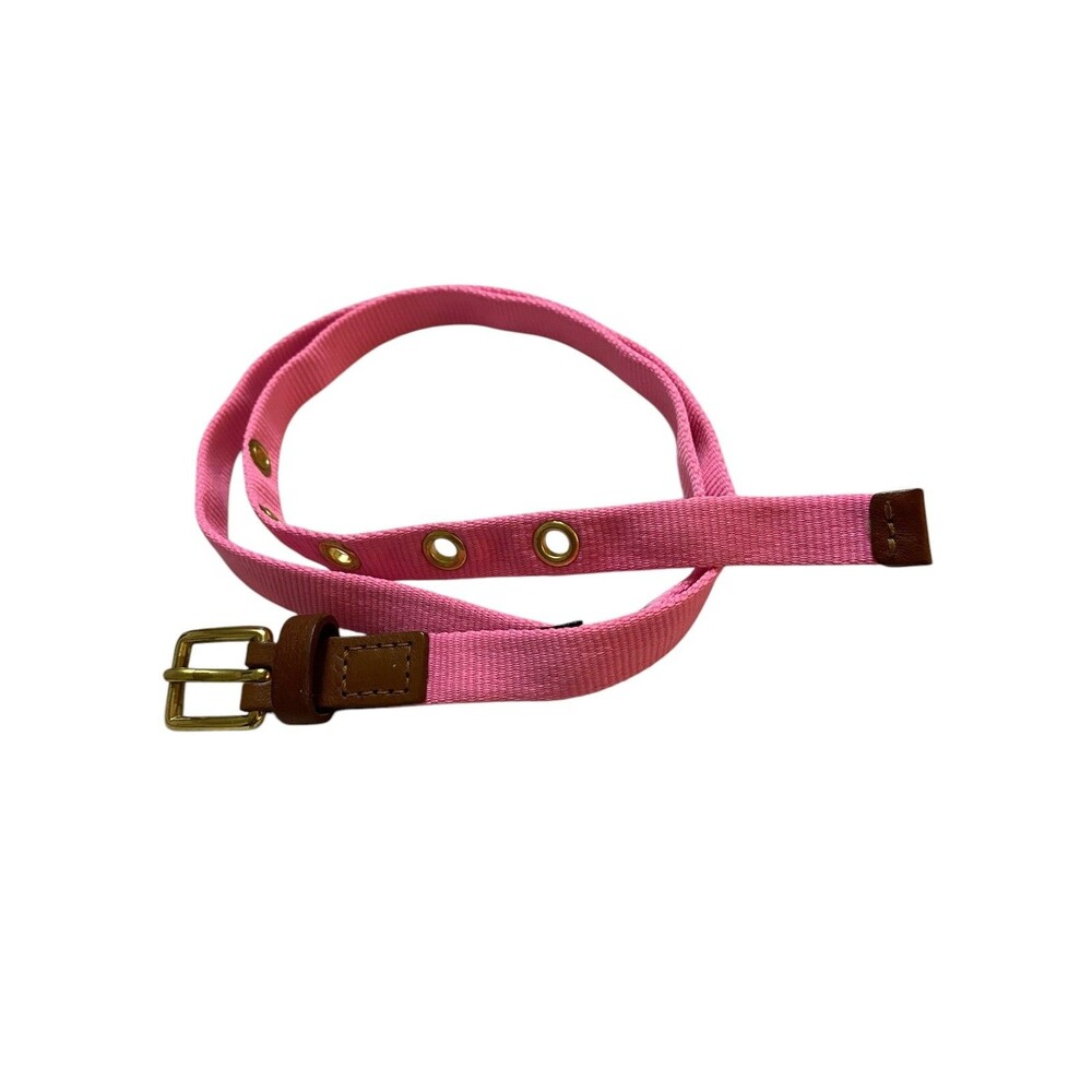 J.Crew Pink Grommet Web Belt Leather Trim Gold Tone Buckle Preppy